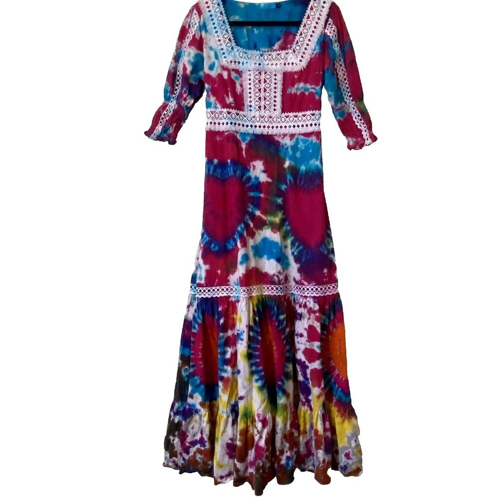 Tie Thai Maxi Dress Tie Dye Smock Sleeve Festival Bohemian Hippie Pocket Sz 2
